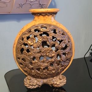 Chrisdon Dry Flower Vase Resin Faux Marble Vtg Yellow Floral design